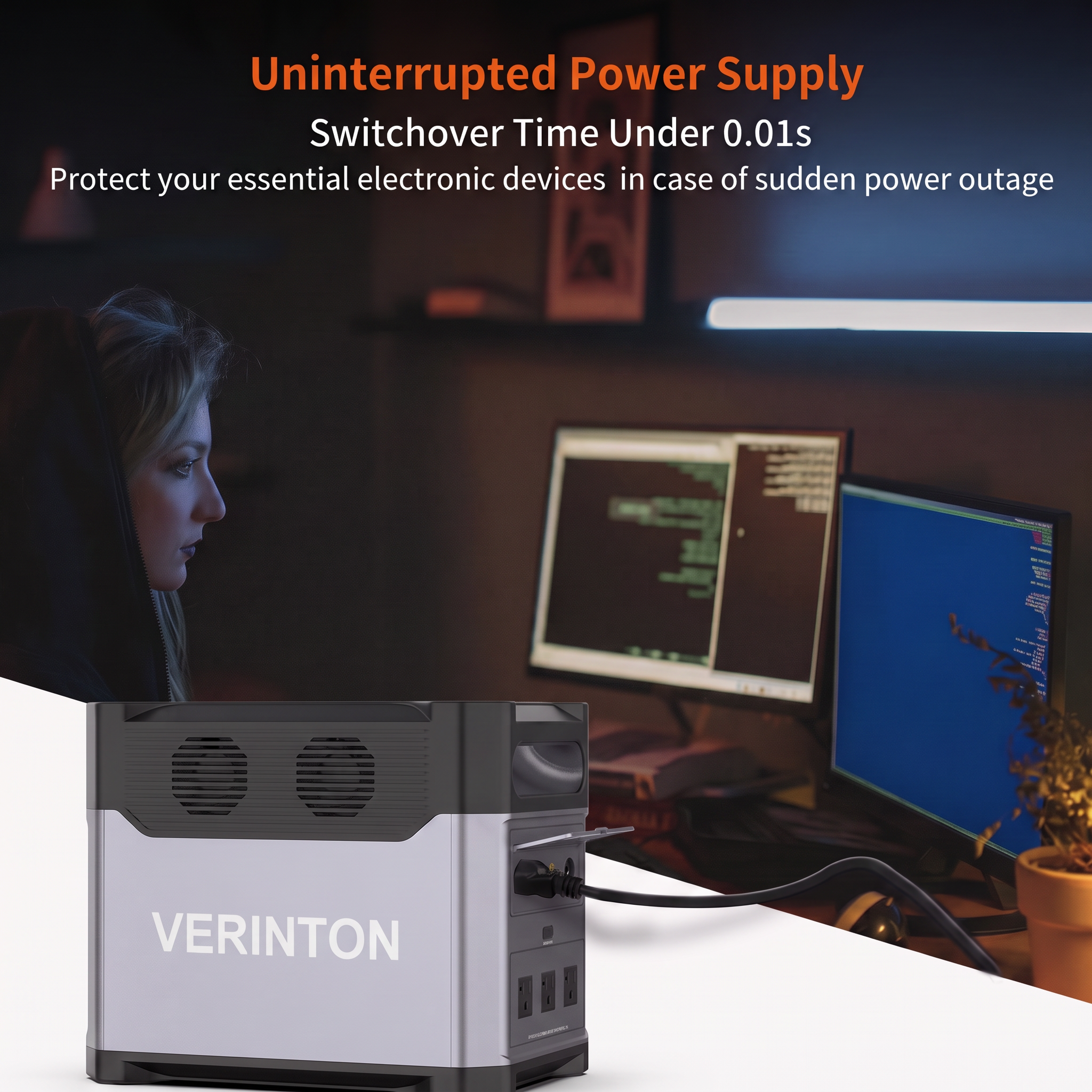 VERINTON Essential 1200 on a desk acting as a UPS for two monitors during a power outage