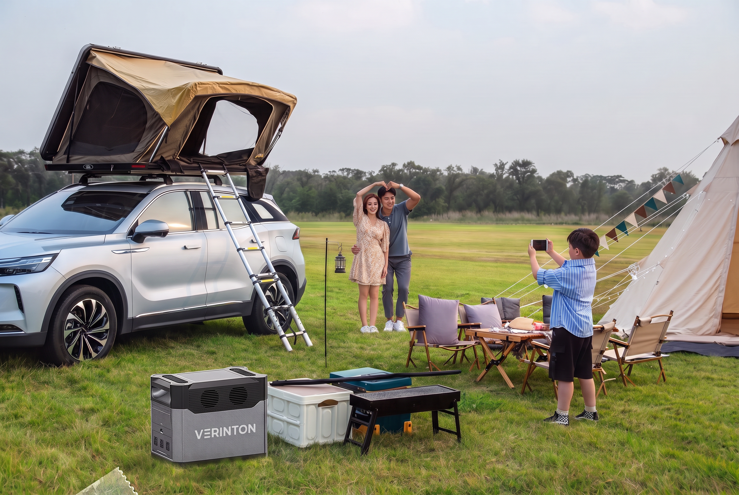 Family camping beside an SUV rooftop tent with a VERINTON Essential 1200 powering their gear