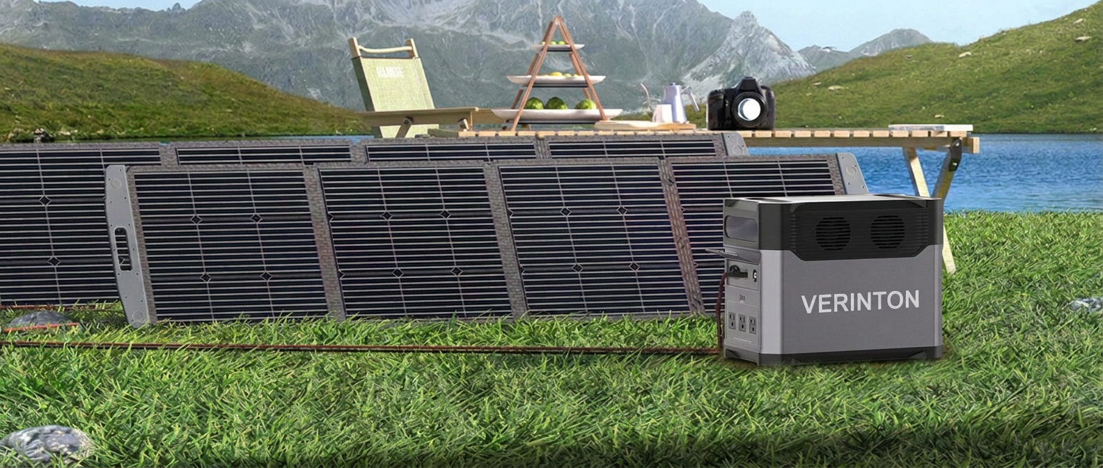 VERINTON Essential 1200 charging from a foldable solar panel beside a mountain lake