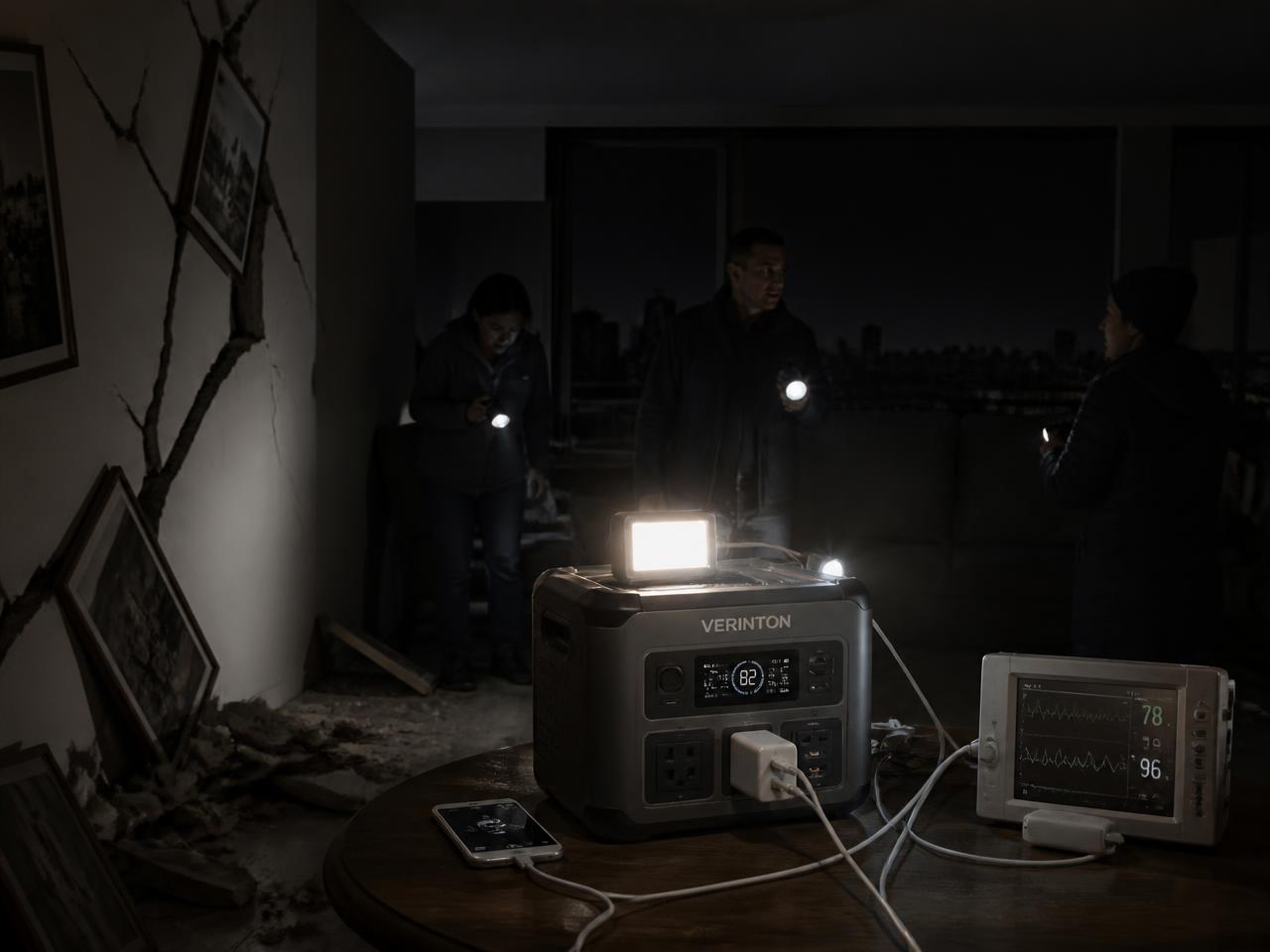 VERINTON portable power station powering a work light, phone and medical monitor during a citywide blackout after an earthquake