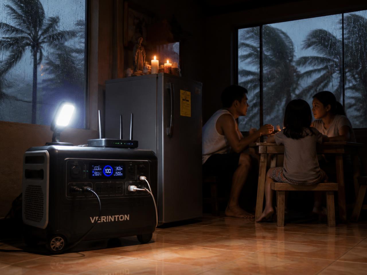 VERINTON portable power station running a refrigerator, router and light inside a home during a typhoon