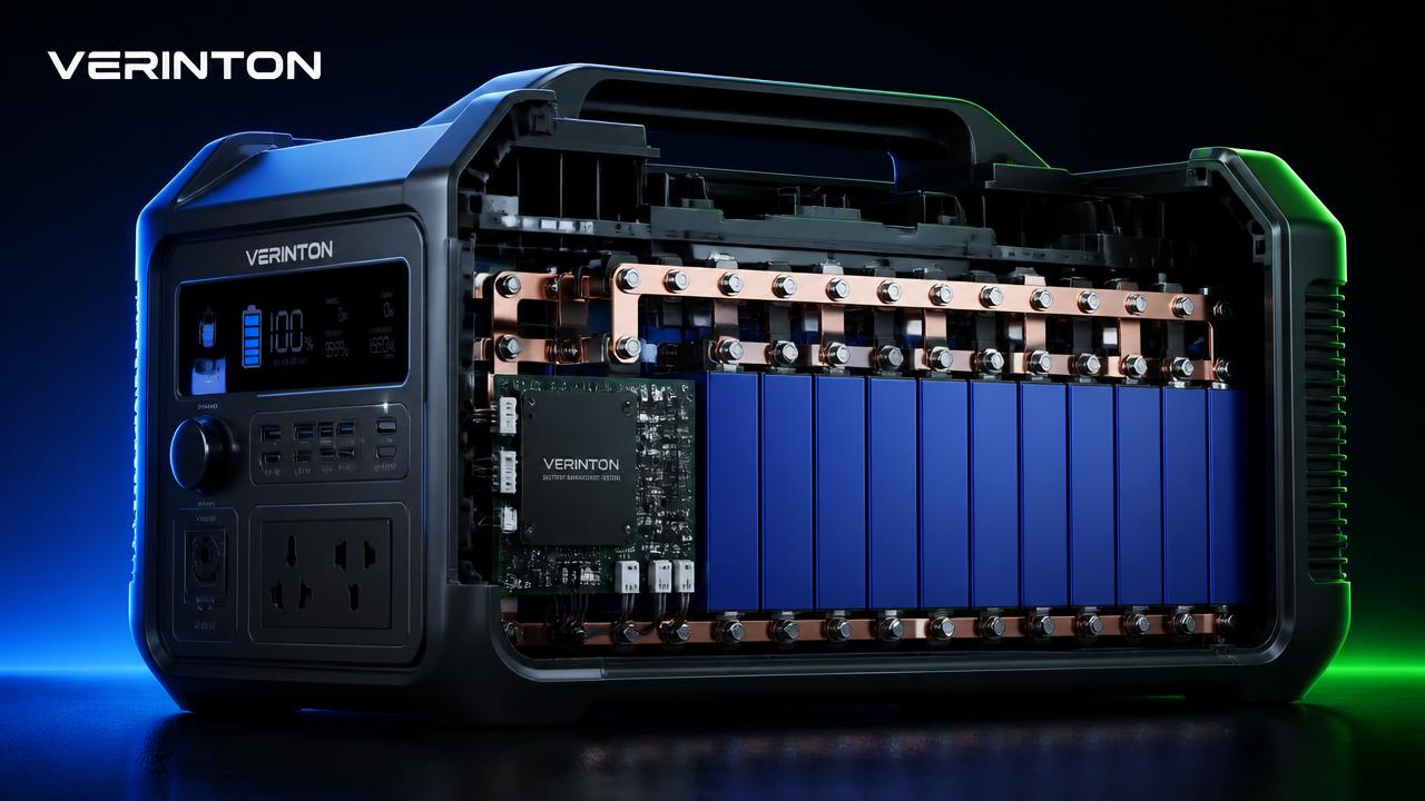 Cutaway of a VERINTON power station showing EV grade prismatic LiFePO4 cells and battery management board