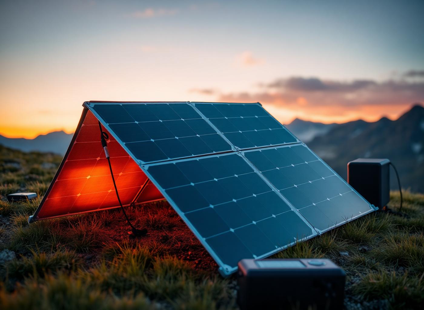 VERINTON foldable solar panel charging a power station at an alpine campsite