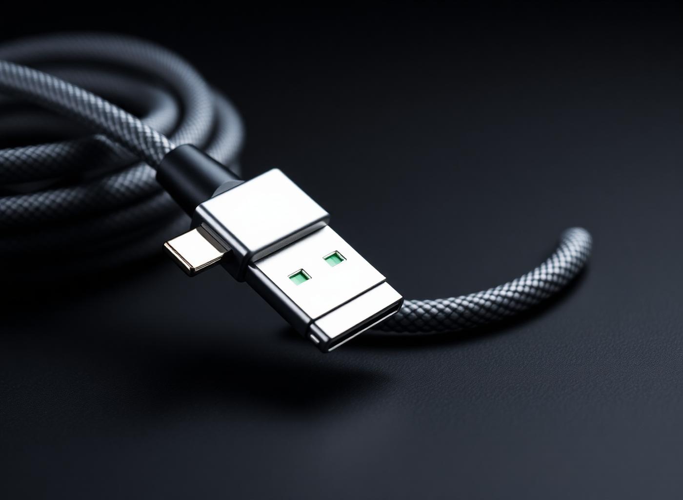 Macro view of a VERINTON braided USB-C cable and machined connector housing