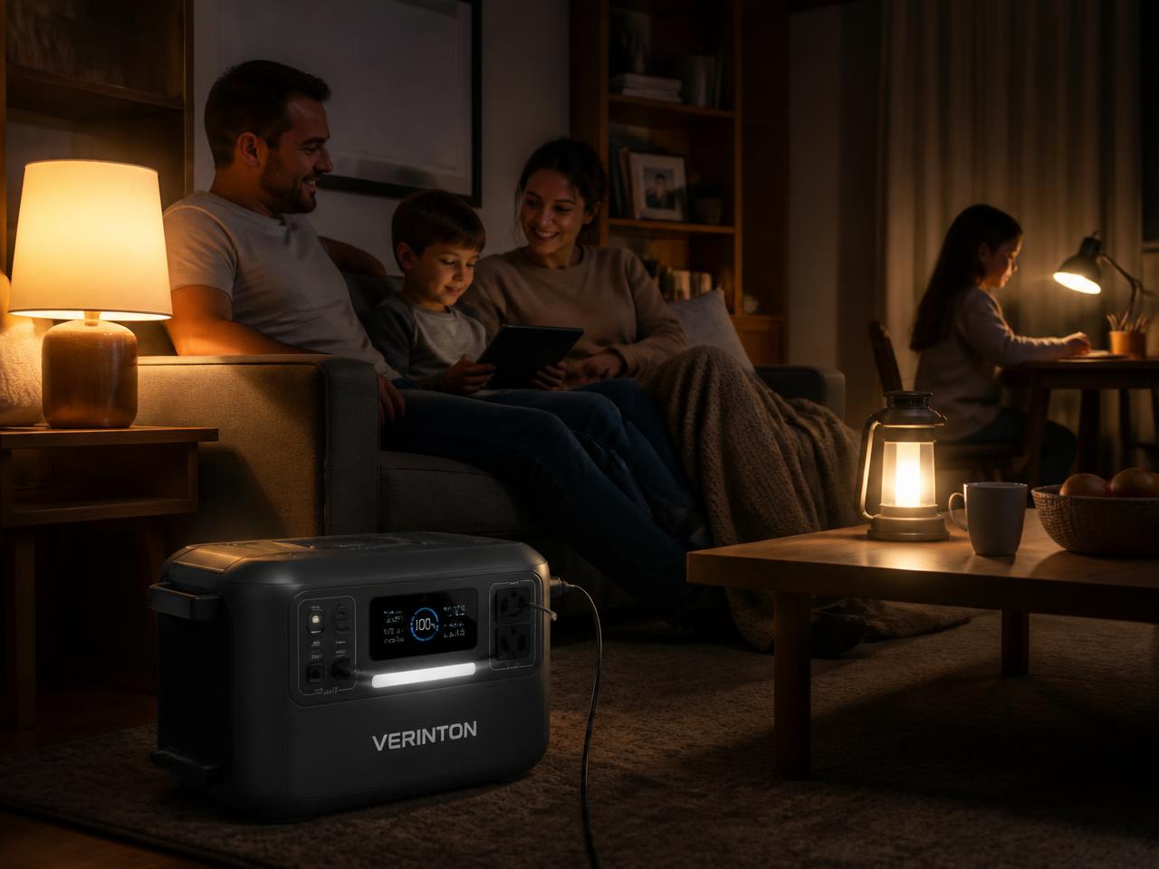 VERINTON portable power station in use: blackout at home