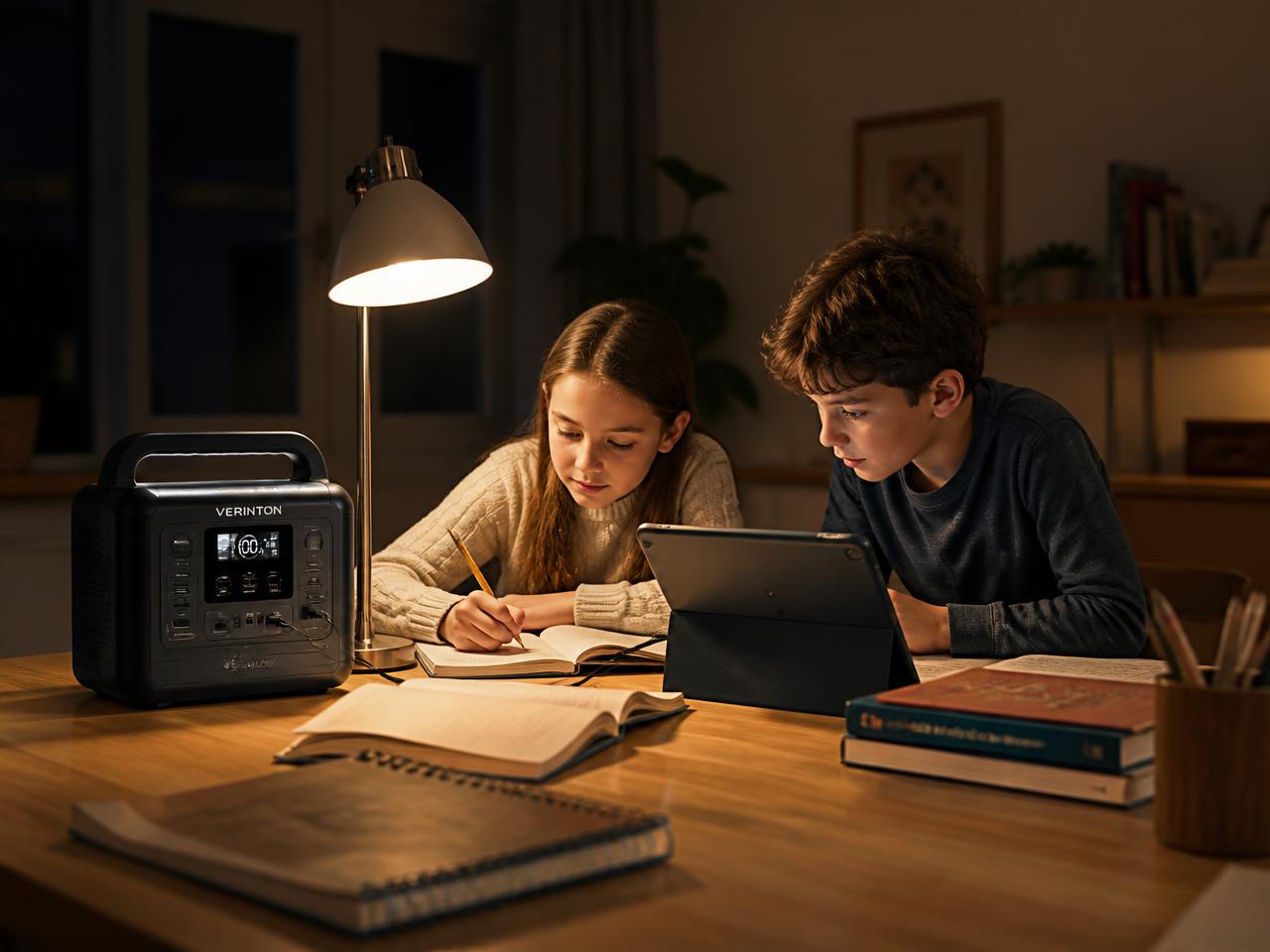VERINTON portable power station in use: kids studying